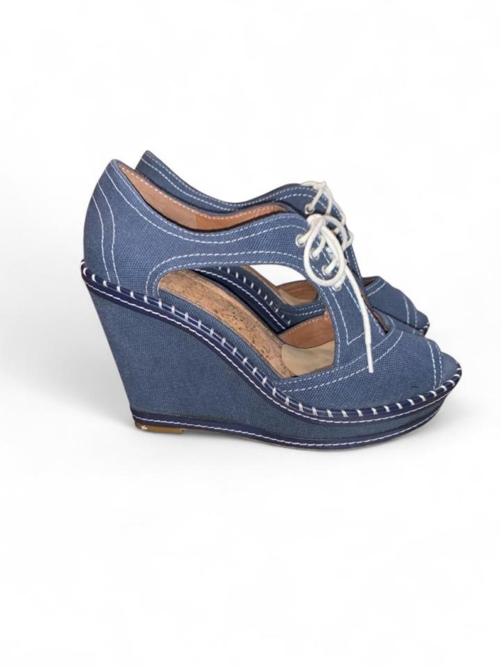 Women's Blue Denim Lace-Up Wedge Sandals